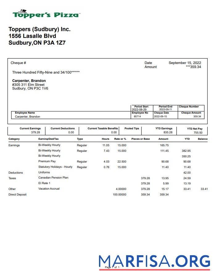 Blank Topper's Pizza pay stub template